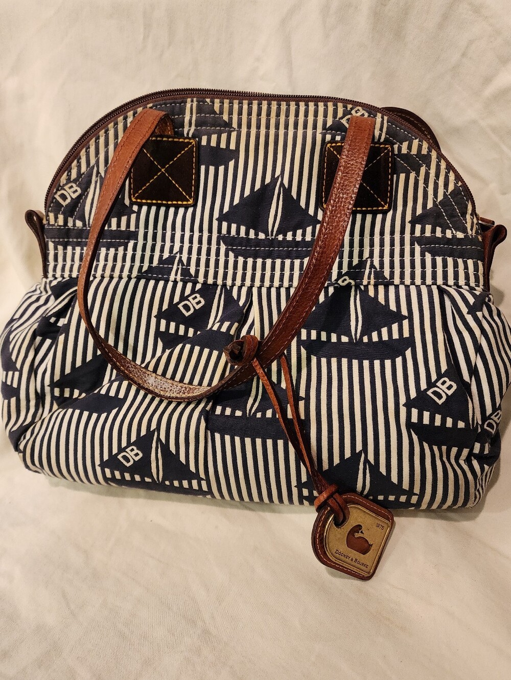 Vintage Dooney & Bourke Sailboat Navy & White Cotton Canvas Bag